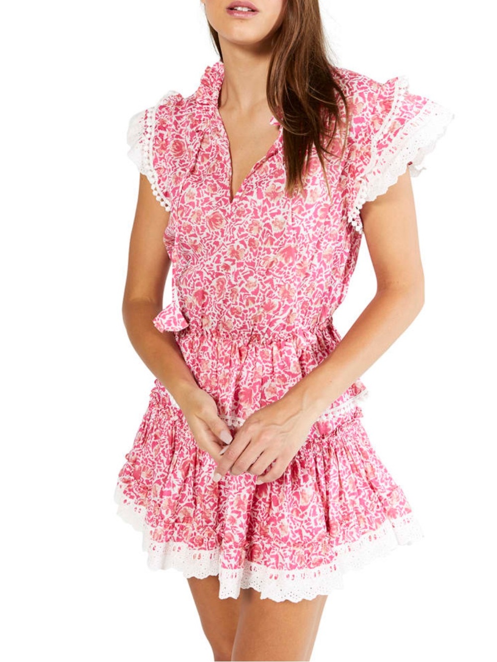 Misa Los Angeles Pink Floral Ruffle Lace Tiered Dress